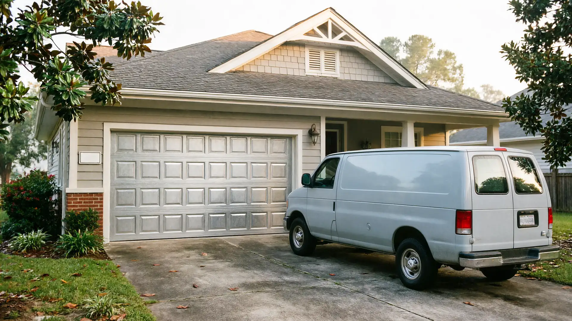 A light gray service van is parked in the driveway of a house with a closed garage door.
