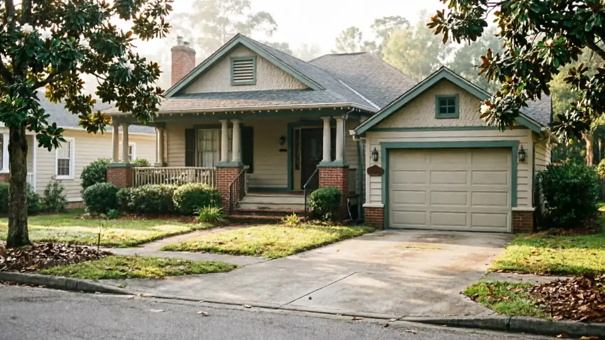 A house with a light beige garage door and a front porch.