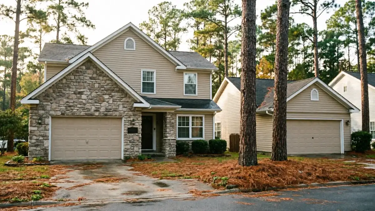A two-story house with a beige garage door and stone facade.