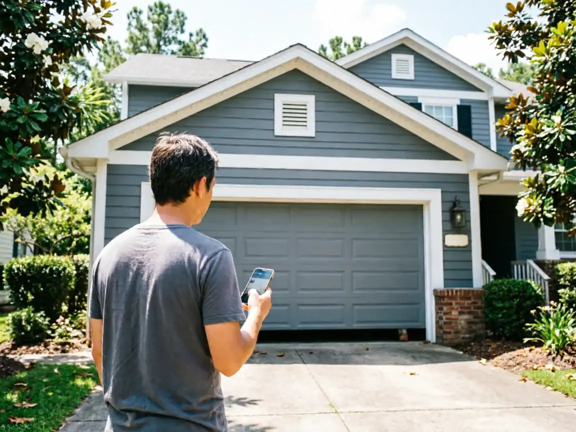 A man uses a smartphone to open a gray garage door on a blue house.