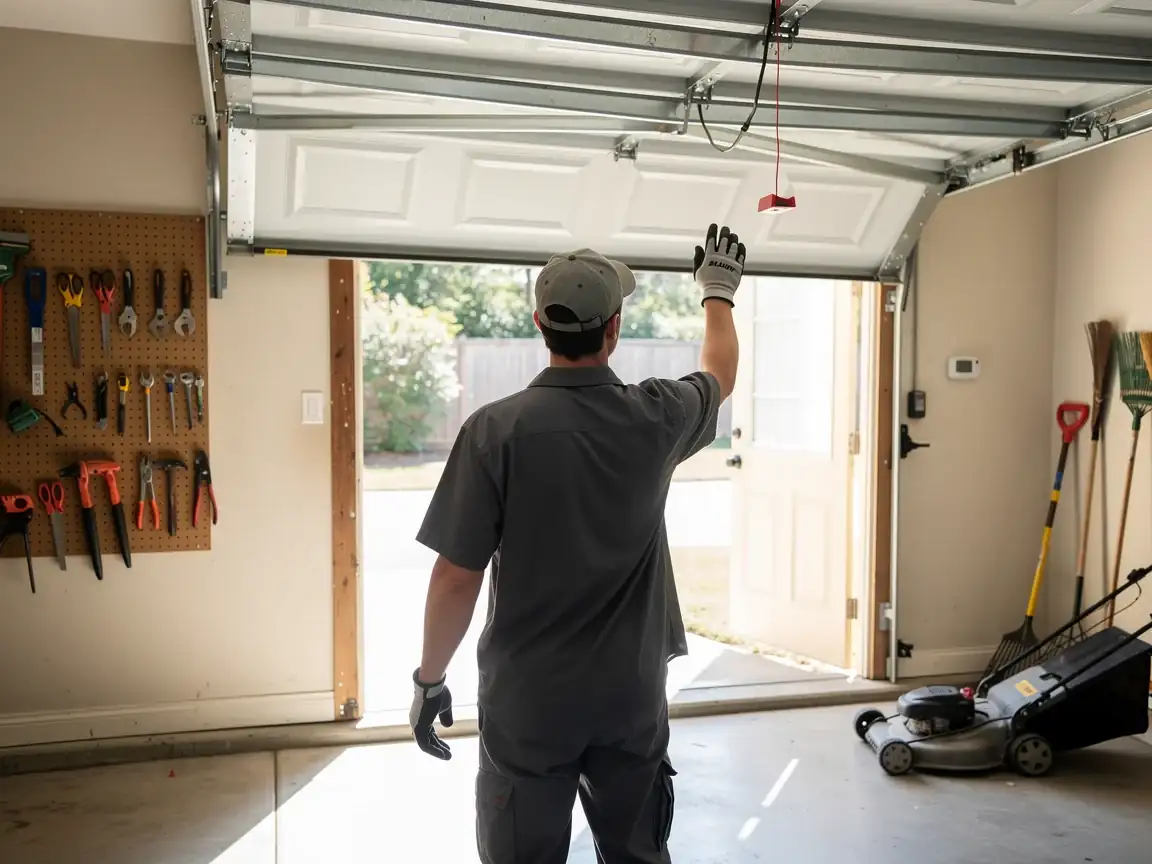 A technician in a gray uniform and gloves is looking at an open garage door.