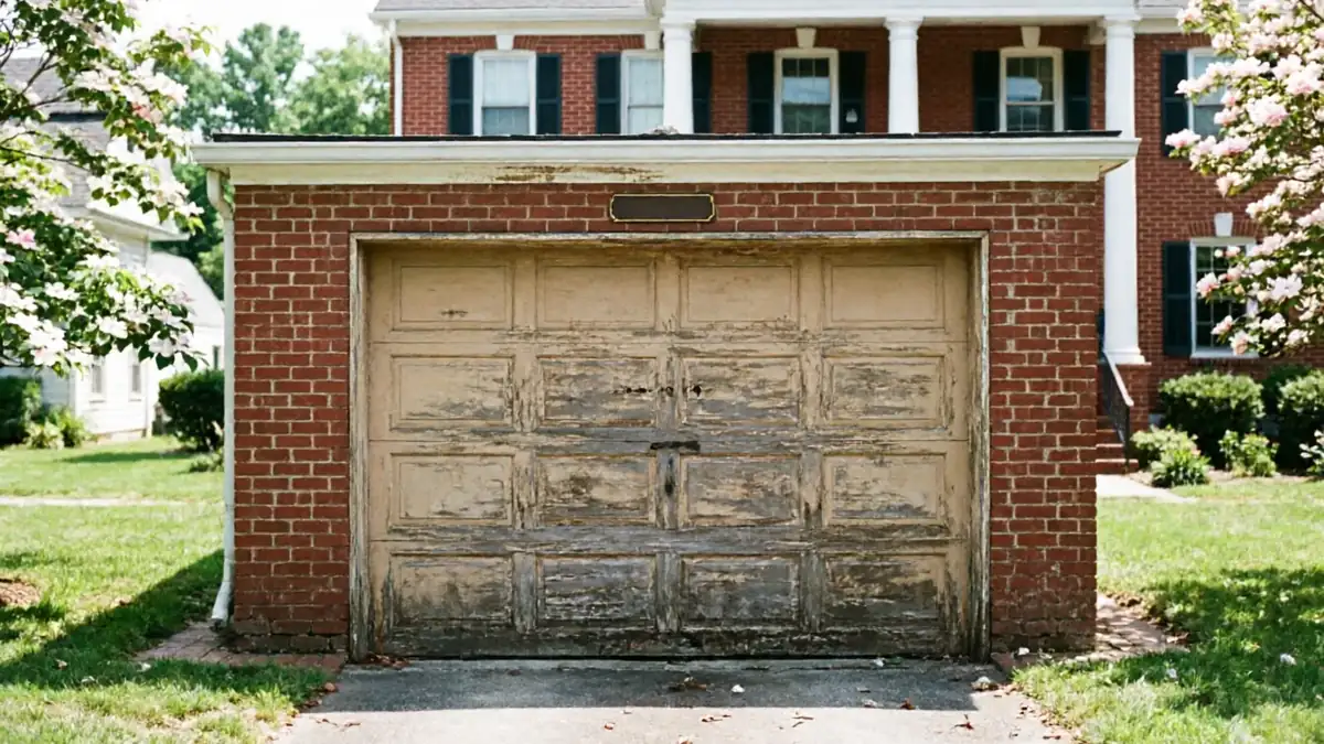 A weathered garage door with peeling paint is set in a brick garage.