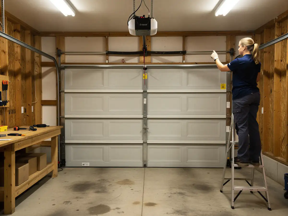 A technician on a ladder adjusts the torsion spring above a closed garage door.